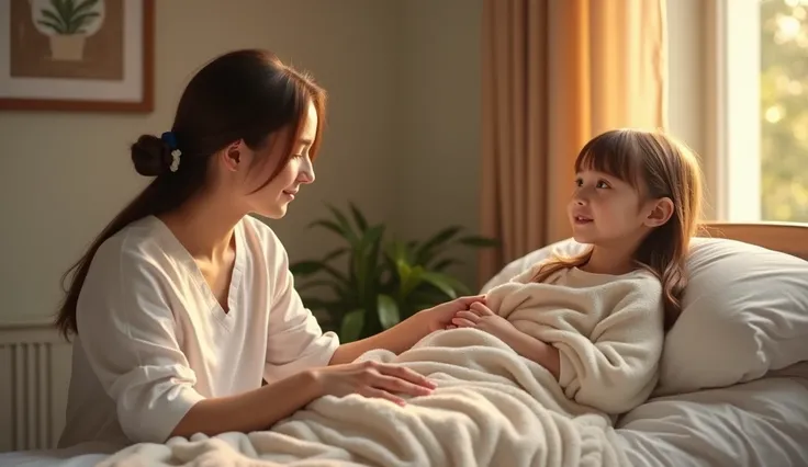 A realistic photo of a welcoming, cozy room in a support house or care facility. The focus is on a young girl with clean, neatly styled brown hair, sitting on a comfortable bed with a comforting blanket. She is being attended by a caring female counselor o...