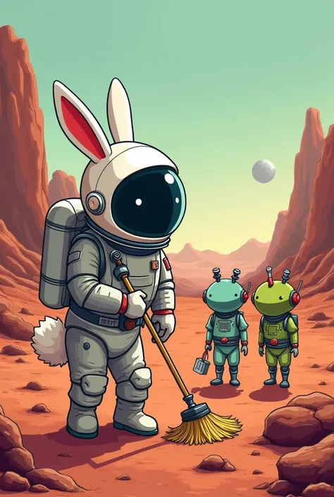 Un lapin astronautes qui passe le balai sur mars avec les zinzins de lespace 