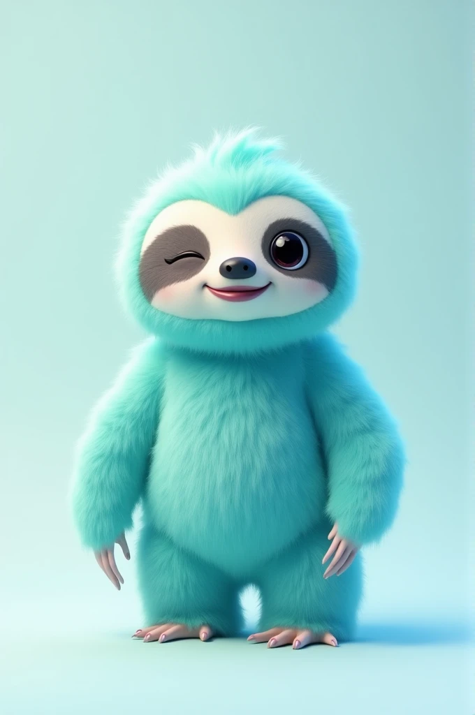 cyan sloth standing and one eye closed 