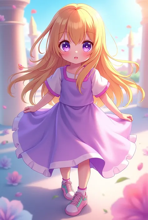 Blonde anime girl with coral streak violet eyes 6-pointed star pupil purple dress sneakers  