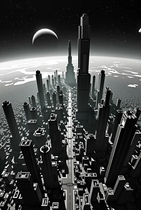 city ​​from space in black and white, with a sharp contour