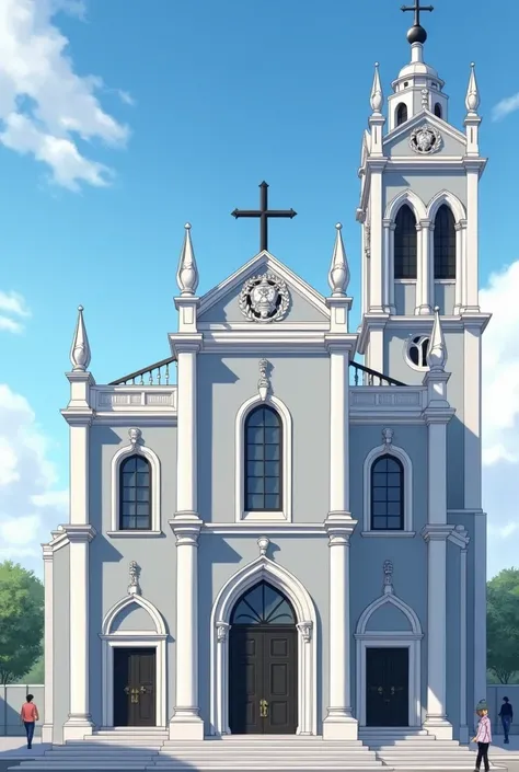 a medium-sized church with a bell tower on the right side. The structure has a classic architectural design with modern touches., characterized by the following elements: Main color of the building: The facade is painted in a soft grey tone with very defin...