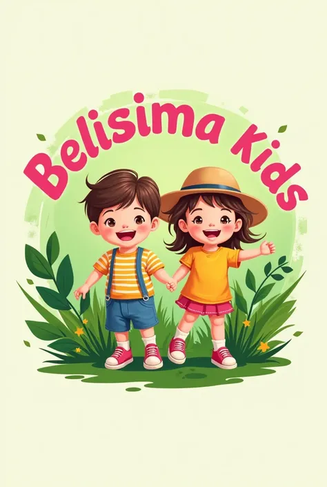 Make a Logo for a Store with the name Belíssima Kids in pink ,with green background ,with cute kids .with capital letters