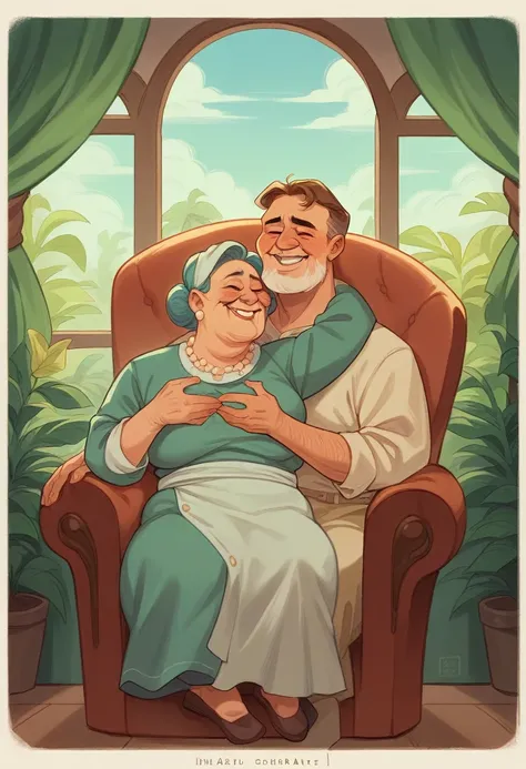 "Create a warm and inviting poster for a nursing home care facility. The image should feature a bright, clean interior with large windows letting in natural light. In the foreground, show a smiling elderly resident sitting comfortably in an armchair, engag...