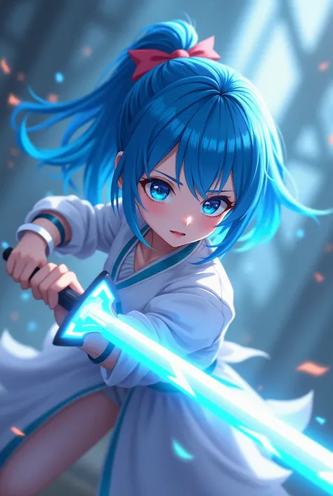 a young girl with blue hair in animation, Futuristic sword warrior that glows slightly in an epic pose as she fights against several unknown enemies, with a close-up of her feminine and childlike curves.