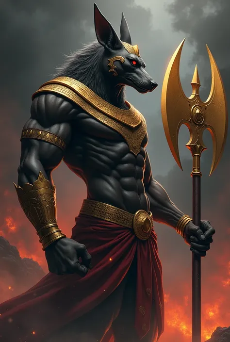 anime Anubis with a gold-bronze battle axe side profile with dark hell background