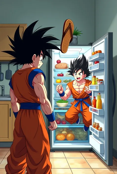 Goku taking a flip-flop to hit Vegeta emptying the fridge