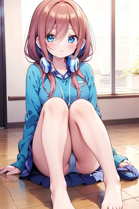 pretty girl (Miku Nakano) blue-eyed with loose hair and headphones, sitting on the floor with my feet tucked up looking straight ahead, with a completely white background without details 