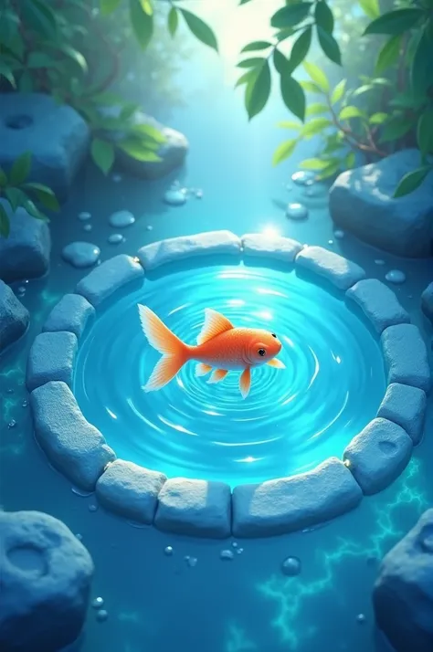 A blue animated water circle with drops around it and a fish inside it