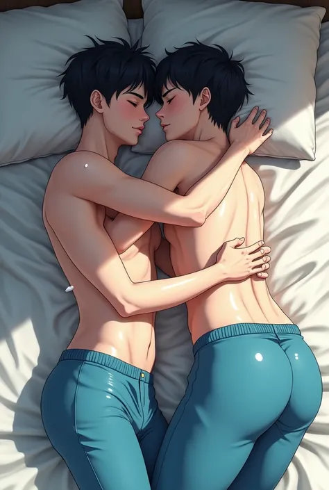 Two anime style Asian boys wearing white clothes and cyan blue pants，Lying on the bed wearing white Nike socks，They turn their hips to the camera，There is a little white sticky liquid on my hands and pants