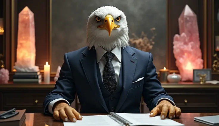 ultra realistic image of an eagle wearing a suit and tie super powerful sitting on a work desk, in the background a chic house full of crystals, a very tall fountain of black tourmaline and a tall obelisk of rose quartz, convey depth