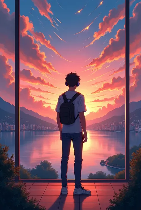 The 2d image of anime adult  boy stand in gallery front of beautiful scenario ,sunset ,beautiful cloudy sky, glitters,headphone,lake, city view,back toward coseup camera 
