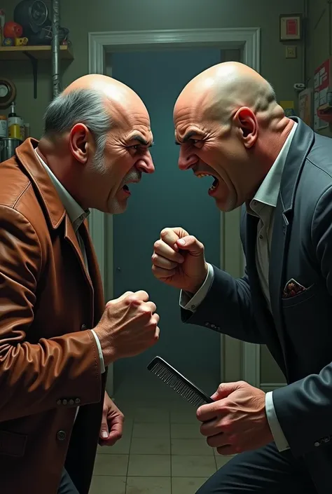 I want a picture of two angry looking bald guys fighting over a hair comb