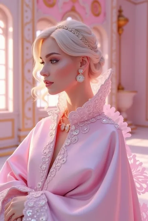 a woman wearing a very beautiful fashionable cape, looking attractive, sparkling pastel pink cape, sparkling riches, (best quality,4k,8k,highres,masterpiece:1.2),ultra-detailed,(realistic,photorealistic,photo-realistic:1.37),fantasy,masterpiece,standing,vi...