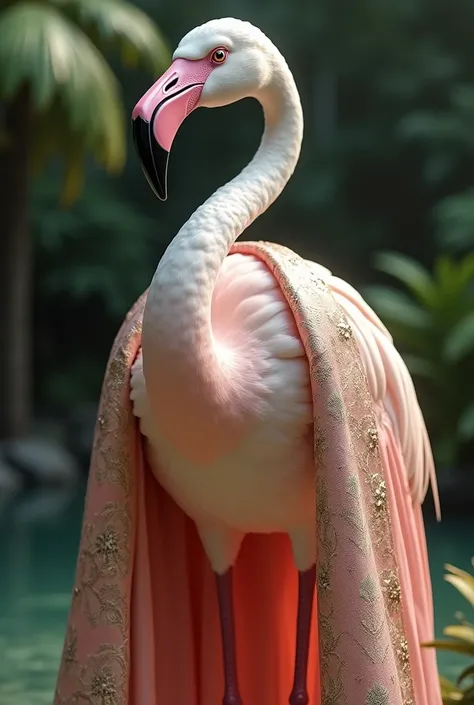 Make a picture of white pink flamingo wearing a luxury Shawl realistic 8k