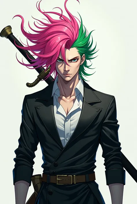  with pink and green hair, He has , he is a swordsman and wears a black and white outfit