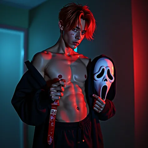 Yang Jeongin, member of Stray Kids. A redheaded boy without shirt and with a bloody knife. Sexy ghostface cosplay, masculine sexy boy without shirt. Boy with a ghostface mask from the "Scream" movie in the hand. Horror movie, realistic, extremely detailed,...