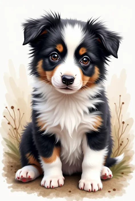 Cachorrro Border Collie pelo aquarela,
cloused mouth, sitting down