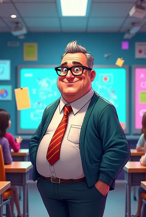 Teacher with glasses in a technological classroom with a little weight, animated style or comic