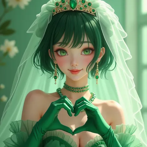 Emerald tiara, Green Pearl Necklace, Boyish very short green hair, Green Lips, Smiling Japanese woman, Very short hair, Busty beautiful lady, Green Eyes, Green satin long gloves, Green Eyes, Emerald Earrings, Green veil, Heart with both hands, Green Hair, ...