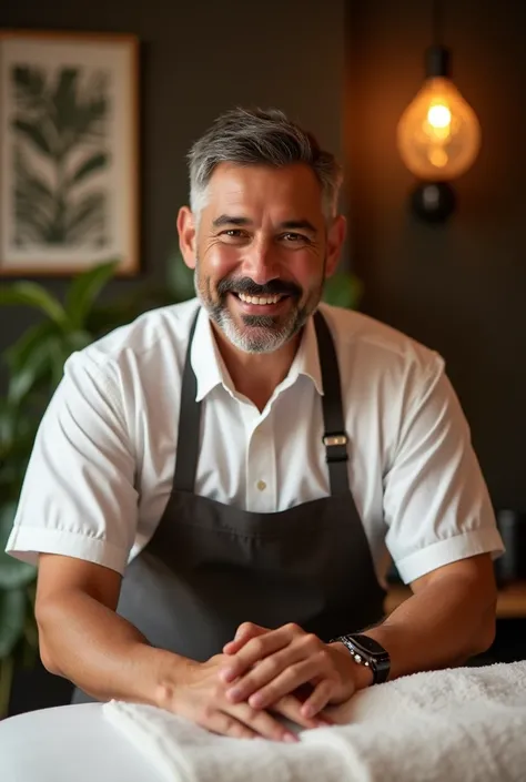 Colombian male massage therapist, 3, 167 cms tall, brown eyes, brown hair with some gray hair and a very short beard, It is similar to Guillermo Capetillo