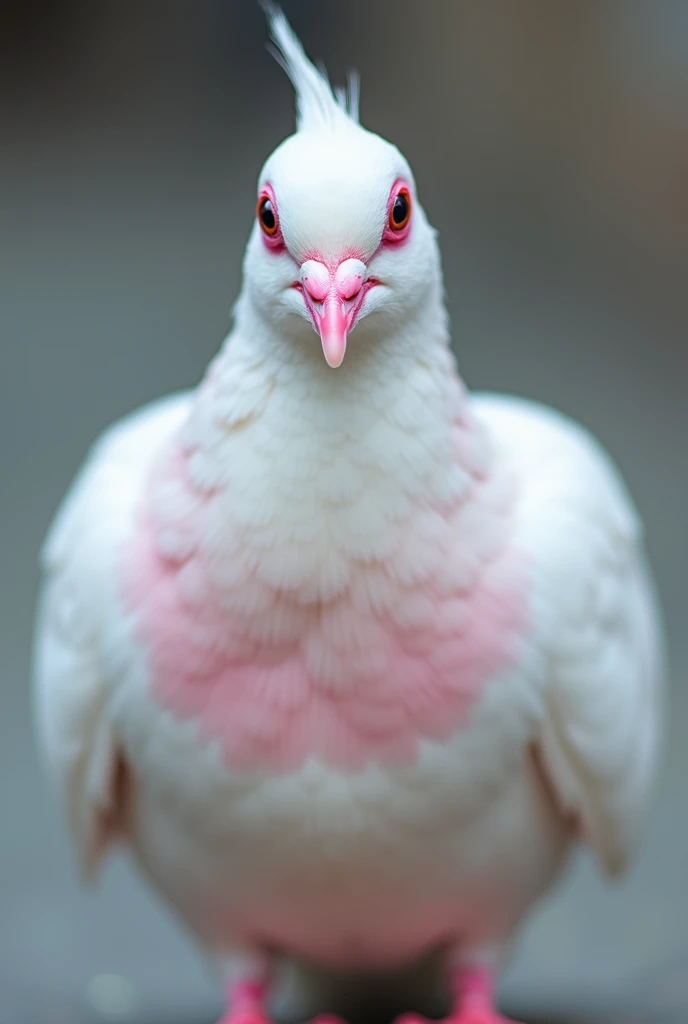 A white and pink pigeon faced to the camera from distance