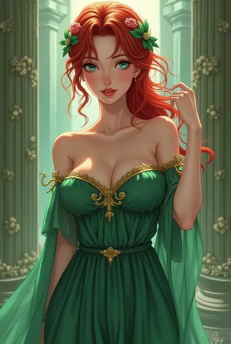 Beautiful adult woman with red hair and blue-green eyes with perfect curvy anatomy and pale skin with big breasts, Ancient Greek clothing in green with anime style 