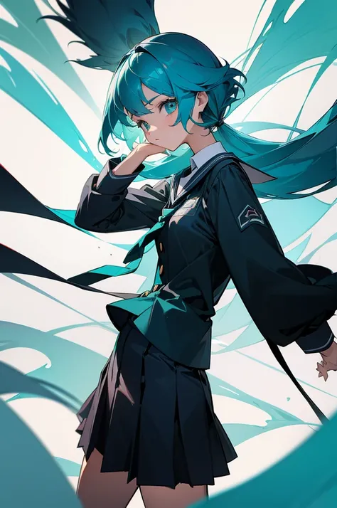 Female, Black Student Uniform, school background, Teal  hair color