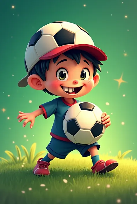 Logo that has the phrase Peloteros that contains a deflated soccer ball and a boy with a backwards cap with two large, protruding teeth and that the first background is green like a soccer field with stars. 