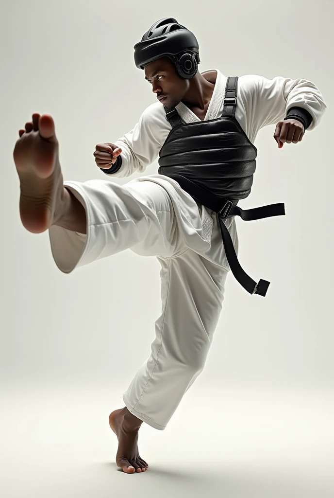 Taekwondo man with dark skin kicking wearing taekwondo vest and helmet 