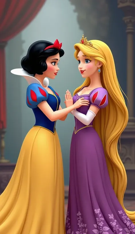 an image of snow white with rapunzel in the style of the princesses from the movie wreck it ralph