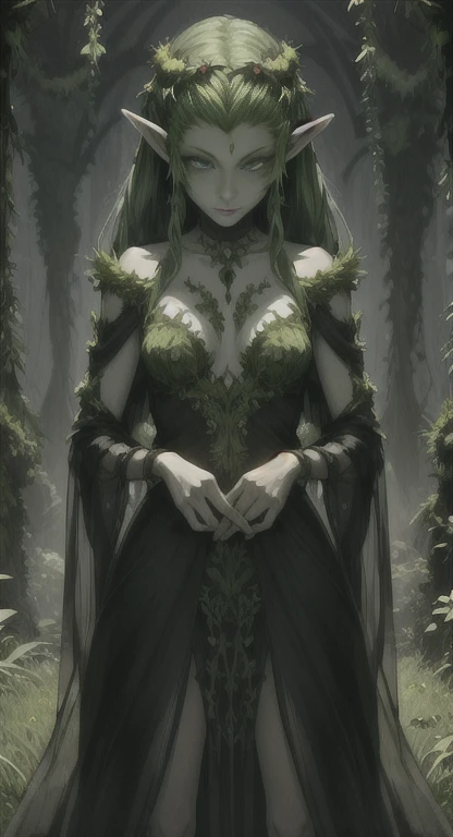 Overgrown hell life, moss Hylian Zelda, cracked skin, green skin, black veins, black blood, covered in moss,