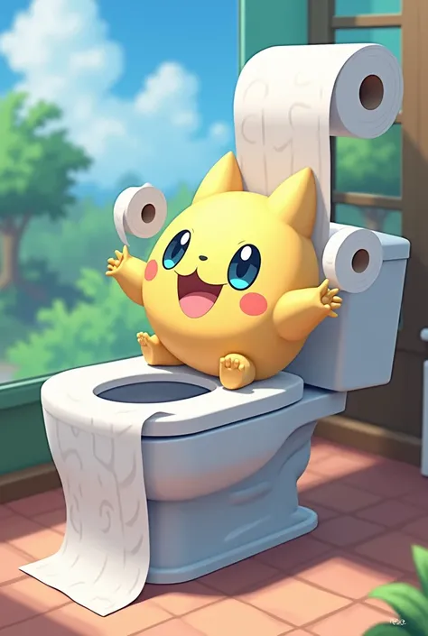 Un pokémon en forme de toilette qui lance des rouleaux de papier toilette 