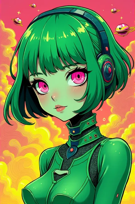 ((best quality)), ((masterpiece)), (detailed), perfect face of cyberpunk mecha japanese girl, neon pink eyes, neon green body, neon green hair, ((monochromatic neon pink, yellow, and green color palette)), surreal, art nouveau, in the illustrative style of...