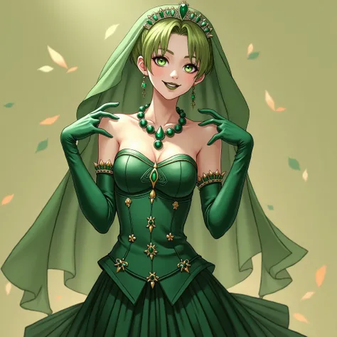 Emerald tiara, Green Pearl Necklace, Boyish very short green hair, Green Lips, Smiling Japanese woman, Very short hair, Busty beautiful lady, Green Eyes, Green satin long gloves, Green Eyes, Emerald Earrings, Green veil, Heart with both hands, Green Hair, ...