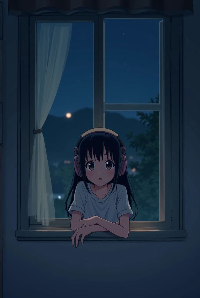 Girl listening to music in a cozy room at night, Using headphones, leaning out of her window from a front angle that shows her leaning out of her window with the wall seen Anime 2D style, Lo-fi, High Definition