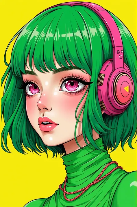 ((best quality)), ((masterpiece)), (detailed), perfect face of cyberpunk mecha japanese girl, neon pink eyes, neon green body, neon green hair, ((monochromatic neon pink, yellow, and green color palette)), surreal, art nouveau, in the illustrative style of...