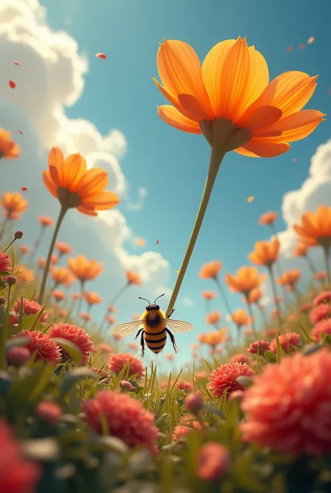 virtual reality, until a strong wind began to blow. The flowers, that were so big and heavy, They began to swing dangerously. suddenly, one of them fell, trapping the queen bee under its weight.
