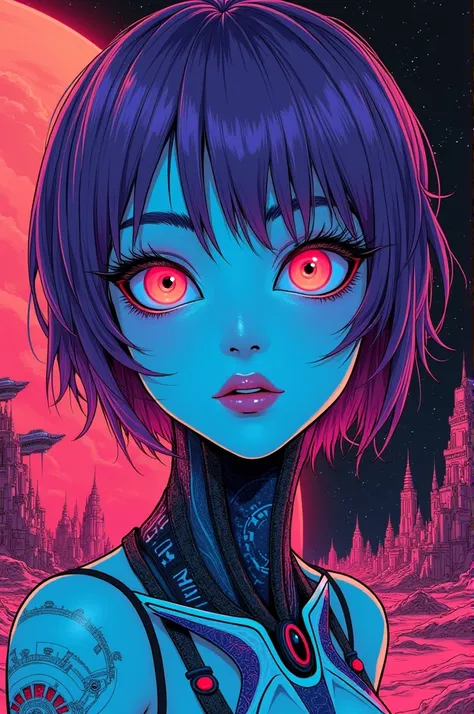 ((best quality)), ((masterpiece)), (detailed), perfect face of cyberpunk mecha japanese girl, neon red eyes, neon blue body, neon purple hair, ((monochromatic neon red, blue, and purple color palette)), surreal, art nouveau, in the illustrative style of mo...