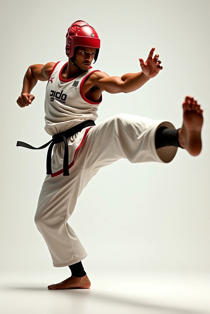 Taekwondo man with brown skin and skin kicking with taekwondo vest and helmet 