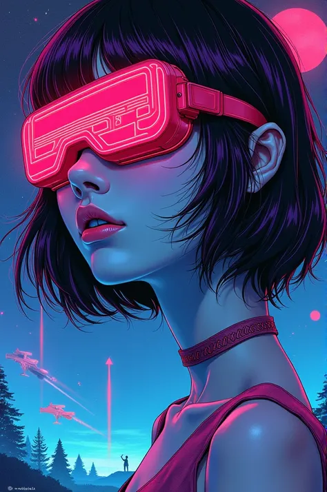 ((best quality)), ((masterpiece)), (detailed), perfect face of cyberpunk mecha japanese girl with neon red techno blindfold, neon blue body, neon purple hair, ((monochromatic neon red, blue, and purple color palette)), surreal, art nouveau, in the illustra...