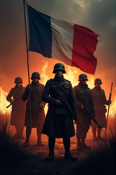 fond noir, flames, some German soldiers, un drapeau français écris Warbones Troopers 