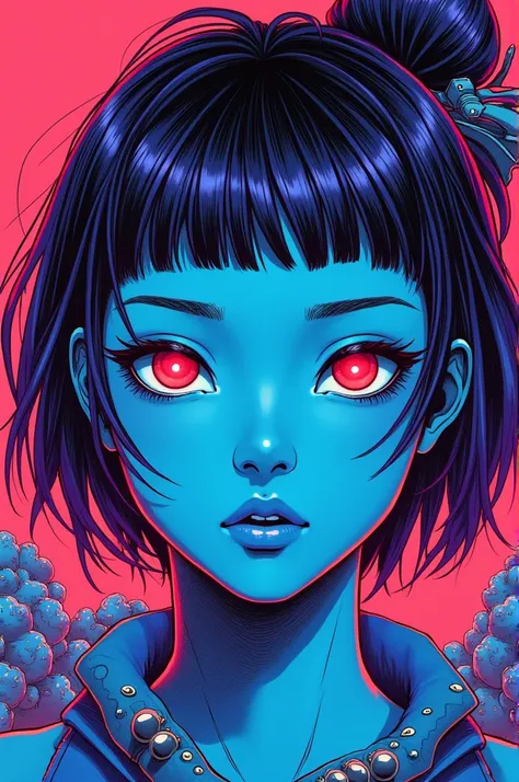 ((best quality)), ((masterpiece)), (detailed), perfect face of cyberpunk mecha japanese girl, neon red eyes, neon blue body, neon purple hair, ((monochromatic neon red, blue, and purple color palette)), surreal, art nouveau, in the illustrative style of mo...