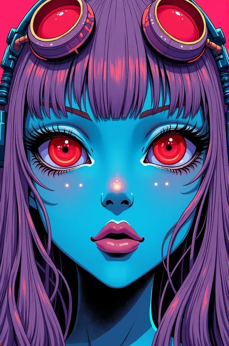 ((best quality)), ((masterpiece)), (detailed), perfect face of cyberpunk mecha japanese girl, neon red eyes, neon blue body, neon purple hair, ((monochromatic neon red, blue, and purple color palette)), surreal, art nouveau, in the illustrative style of mo...