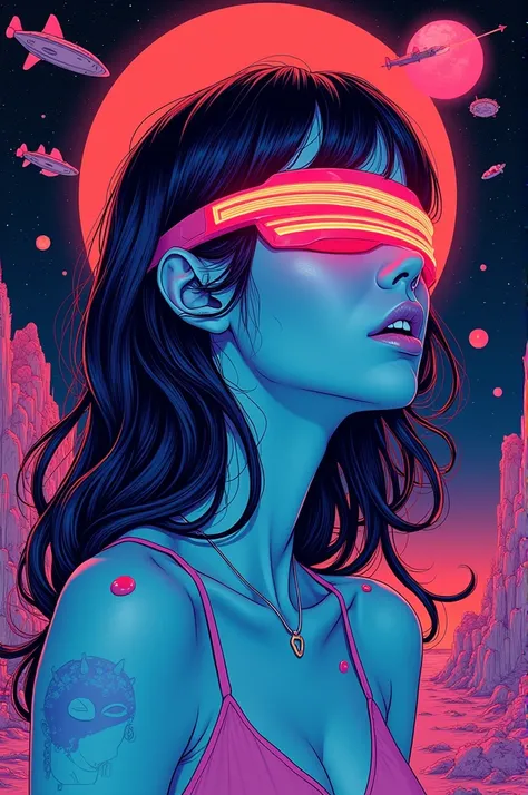 ((best quality)), ((masterpiece)), (detailed), perfect face of cyberpunk mecha japanese girl with neon red techno blindfold, neon blue body, neon purple hair, ((monochromatic neon red, blue, and purple color palette)), surreal, art nouveau, in the illustra...