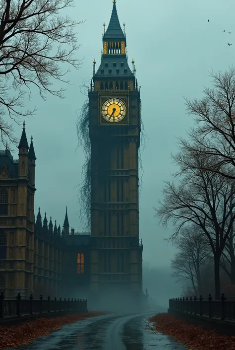  Front side view of Big ben as a creepy tower with black fading colour on it and vlack creepers crawling from downwards direction to upward, low key creepy weather with abandoned area around it , with autumn trees on the roads