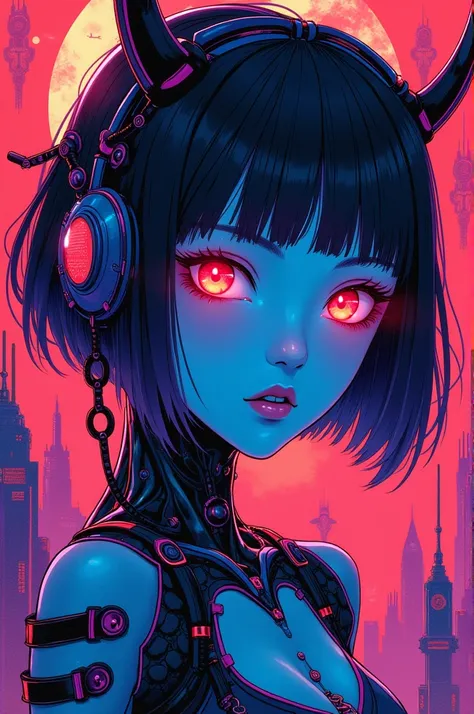 ((best quality)), ((masterpiece)), (detailed), perfect face of cyberpunk mecha japanese girl, neon red eyes, neon blue body, neon purple hair, ((monochromatic neon red, blue, and purple color palette)), surreal, art nouveau, in the illustrative style of mo...