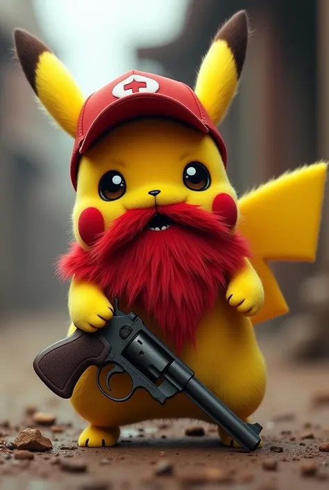 Pikachu cap with red beard and a gun 
