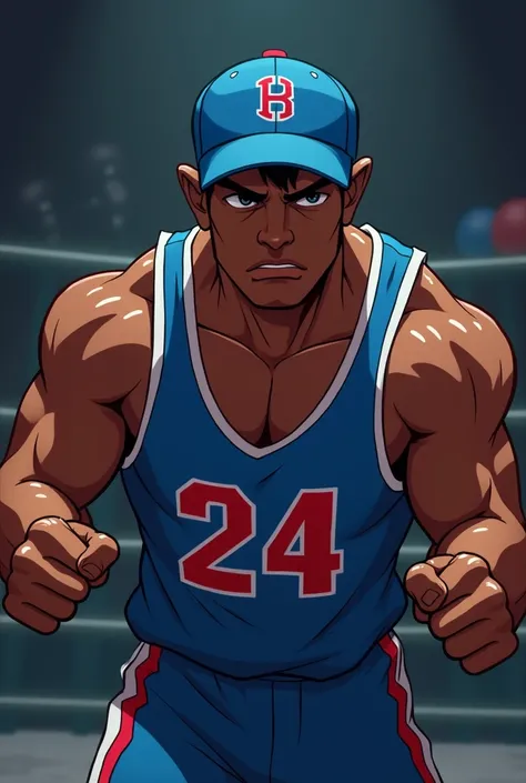 A young black man with a blue cap and jersey preparing for a bare-knuckle fight, animated version 