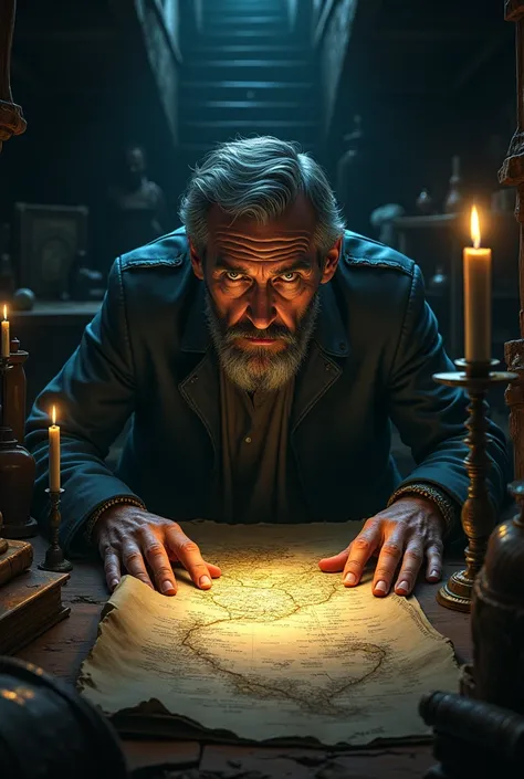 A glowing eyed man in an attic looking at a map to a treasure